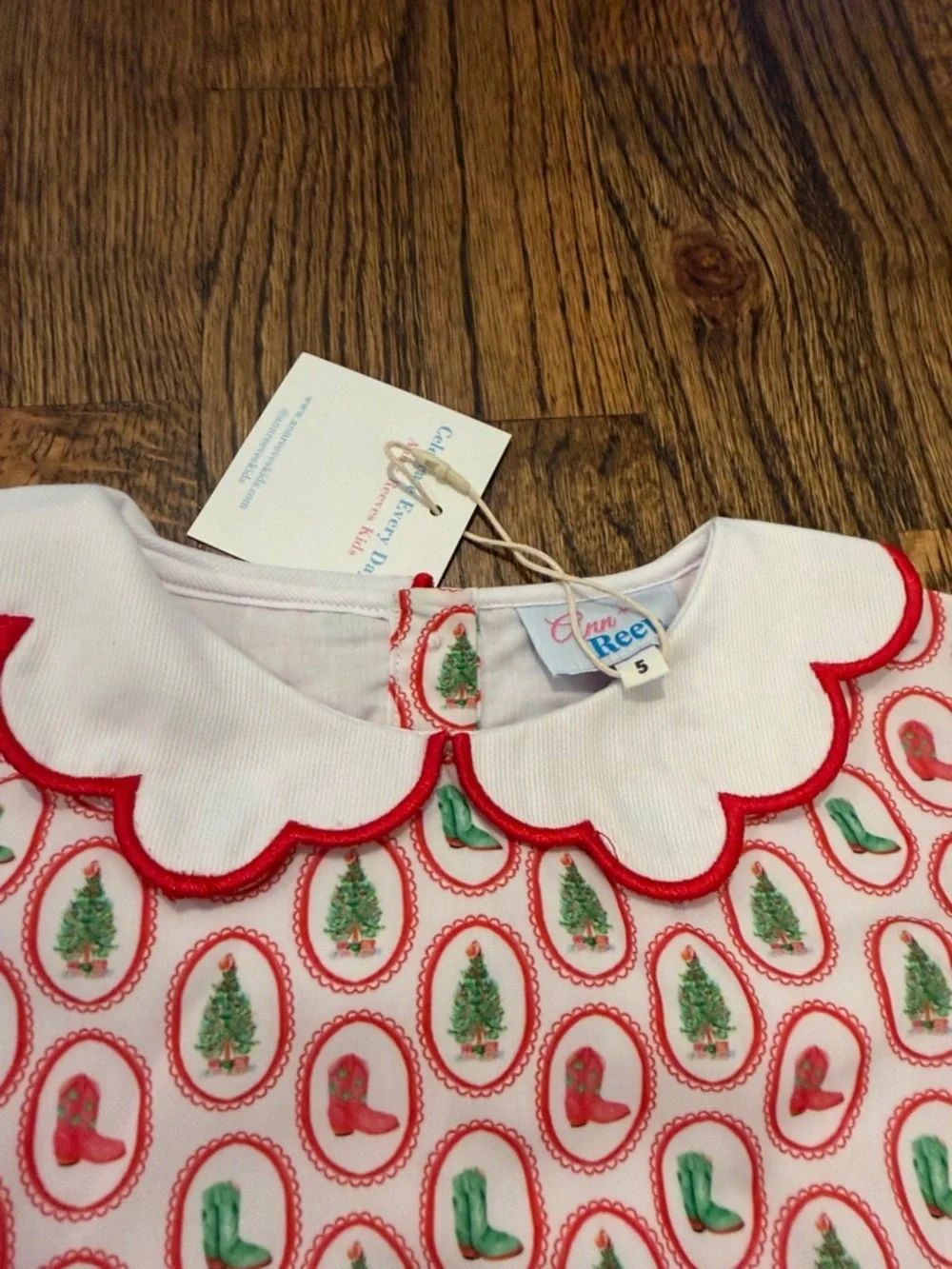 Girls Red & Green Holiday Boot & Christmas Tree Prin Dress with Scalloped Collar